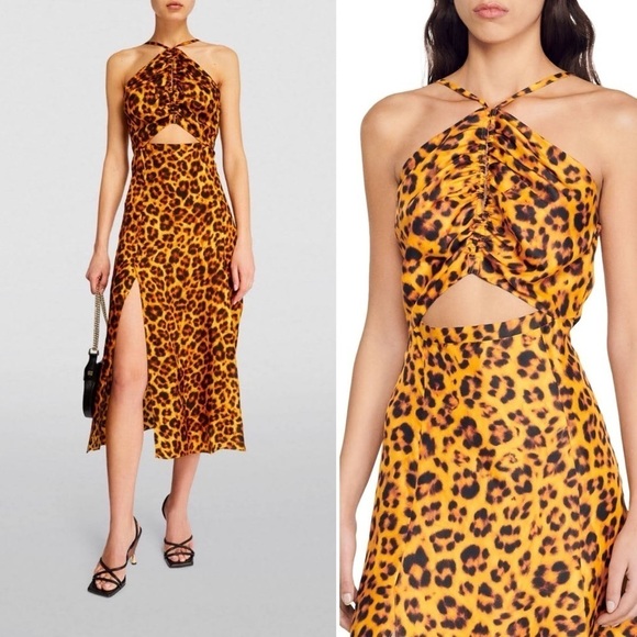 NWT SANDRO Kalinda Leopard Animal Print Slit Cut Out Tie Neck Satiny Dress 38 - Picture 1 of 15